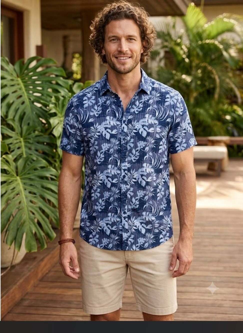 White Stag Men's Short Sleeve Button-Up Shirt with Tropical Palm Leaf Print